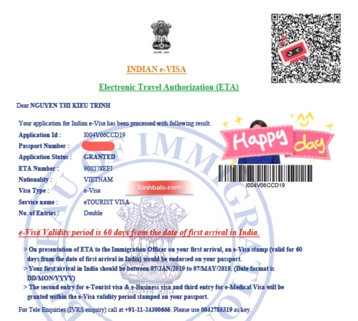 e-Visa Ấn Độ của Trinh
